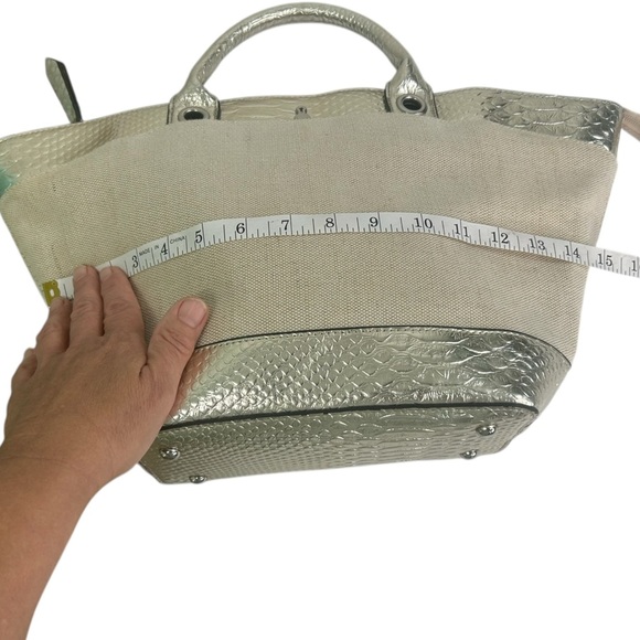 London Fog Gold Metallic Linen Snakeskin Tote Large Bag Purse Preppy Chic Summer - Picture 7 of 14